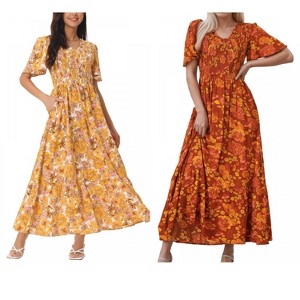 Seta T Women's Floral Short Flutter Sleeve V Neck Smocked High Waist Flowy Maxi Dress 2 Packs - 1 of 4