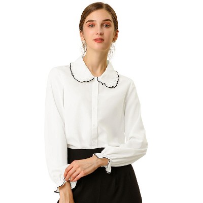 Allegra K Women's Sweet Ruffle Peter Pan Collar Long Sleeves Button Down  Shirt White Large