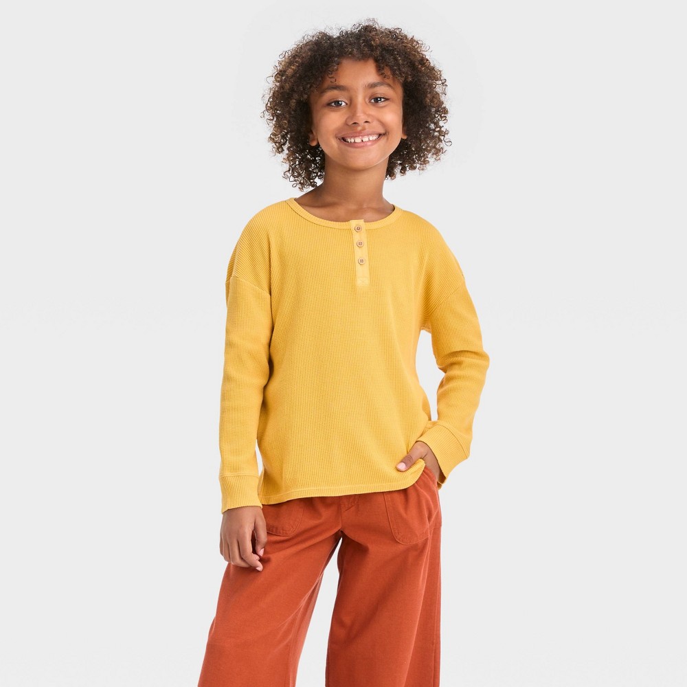 Case of 12 Girls' Long Sleeve Henley Waffle Top - Cat & Jack™ Mustard Yellow S