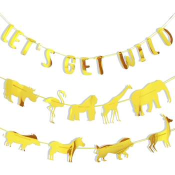 Sparkle and Bash Set of 2 Gold Foil "Let's Get Wild" & Jungle Safari Animal Banner String Garland, 11 Feet