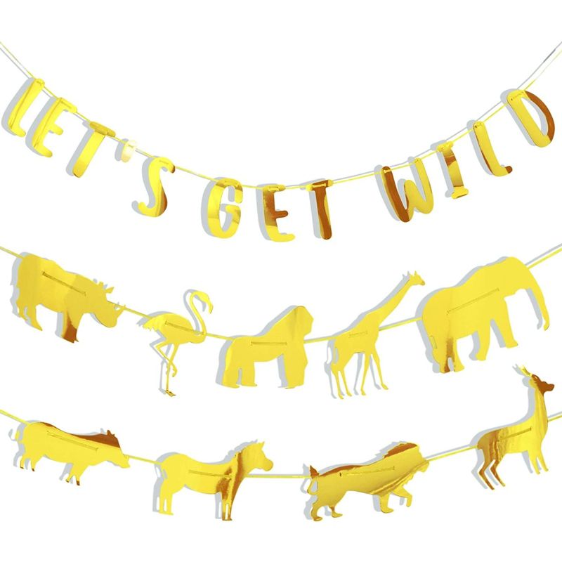 Sparkle and Bash Set of 2 Gold Foil "Let's Get Wild" & Jungle Safari Animal Banner String Garland, 11 Feet, 1 of 5