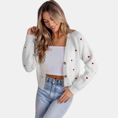 Women's Heart Print Long Sleeve V-Neck Cardigan - Cupshe