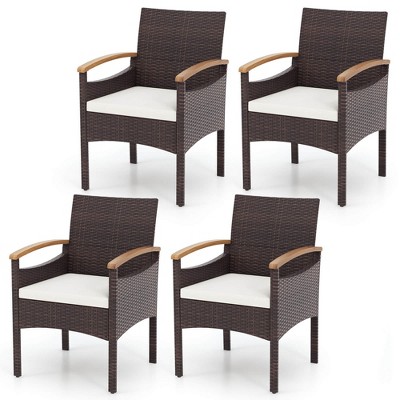Tangkula 4 PCS Dining Chairs w/ Acacia Wood Armrest Heavy Duty Metal Frame Patio