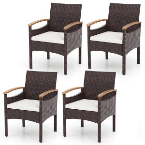 Tangkula 4 PCS Dining Chairs w/ Acacia Wood Armrest Heavy Duty Metal Frame Patio - 1 of 4
