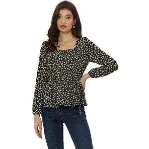 Allegra K Women's Floral Long Sleeve Sweetheart Neck Peplum Blouse with Belt - 1 of 4