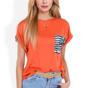 Anna-Kaci Women's Top with Rolled Cuffs and Zebra Print Front Pocket Detail - 1 of 4