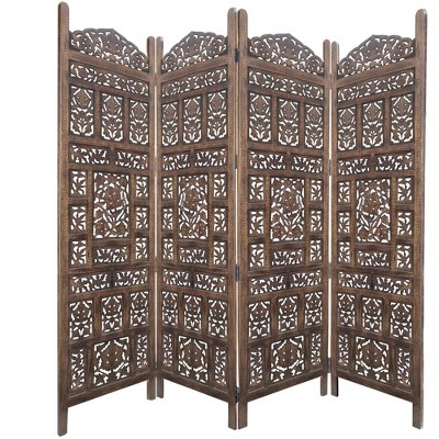 4 Panel Mango Wood Screen with Intricate Carvings Brown - Benzara