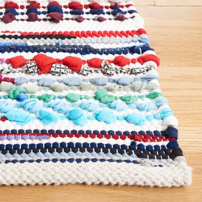 Ivory and Blue Handwoven Cotton Rectangular Area Rug