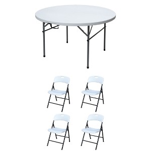 Plastic Development Group 4 Foot Round Fold In Half Folding Banquet Table and 4 Pack of Outdoor Plastic Folding Party Chair, White - 1 of 4