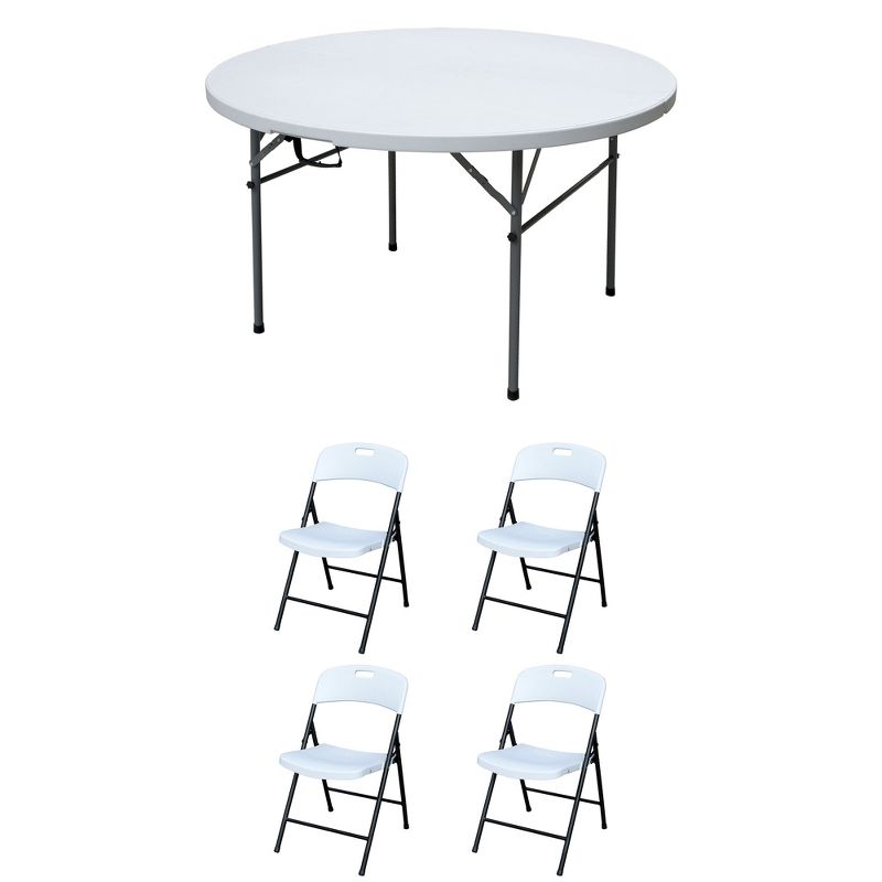 Plastic Development Group 4 Foot Round Fold In Half Folding Banquet Table and 4 Pack of Outdoor Plastic Folding Party Chair, White, 1 of 7
