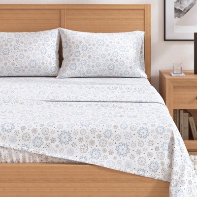 Twin White Cotton Flannel Sheet Set with Snowflakes Print