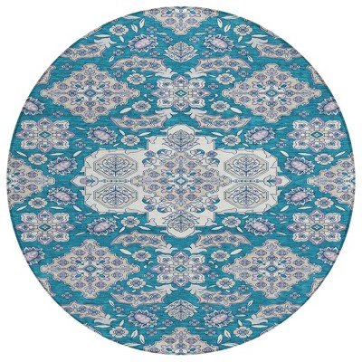 HomeRoots 8' Teal Blue Ivory And Lavender Round Medallion Washable Indoor Outdoor Area Rug