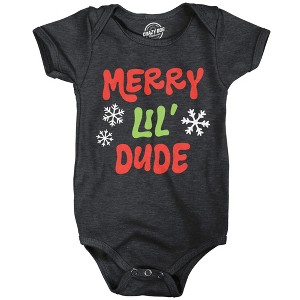 Merry Lil Dude Baby Bodysuit Funny Sarcastic Christmas Graphic Novelty Jumper For Infants - Crazy Dog Baby Bodysuit Gift For Christmas - 1 of 4