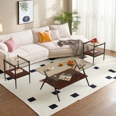 NicBex Modern Rectangle Coffee Table Set of 3 with Glass Top and MDF Layer for Living Room
