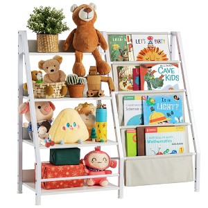 MAYEERTY 4 Tier Wooden Bookshelf and Toy Storage with Three Layer Sling Bookcase for Living Room White - 1 of 4