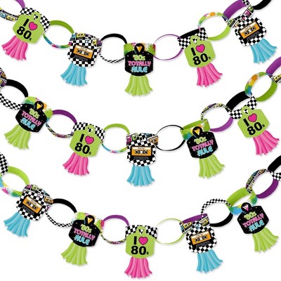 Big Dot of Happiness 80's Retro - 90 Chain Links and 30 Paper Tassels Decoration Kit - Totally 1980s Party Paper Chains Garland - 21 feet