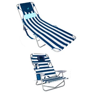 Ostrich Ladies Comfort Sunbathing Chaise Lounge Reclining Beach Chair and On-Your-Back Outdoor 5-Position Recline Beach Chair, Striped Blue - 1 of 4