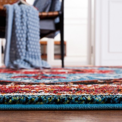 Vintage Red and Blue Synthetic Persian Runner Rug