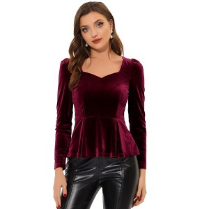 INSPIRE CHIC Women's Elegant Sweetheart Neck Long Sleeve Velvet Peplum Top - 1 of 4