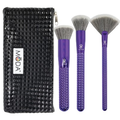 MODA Brush Metallics 4pc Blended Beauty Purple Makeup Brush Set with Black Studded Zip Case, Includes - Blender, Buffer and Fan Brushes