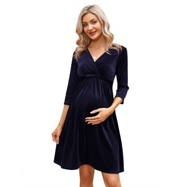 Coolmee Women's Maternity Casual Midi Dress 3/4 Sleeve V-Neck A-Line Dress Swing Semi Formal Dresses for Babyshower 2XL Korean Velvet Navy Blue