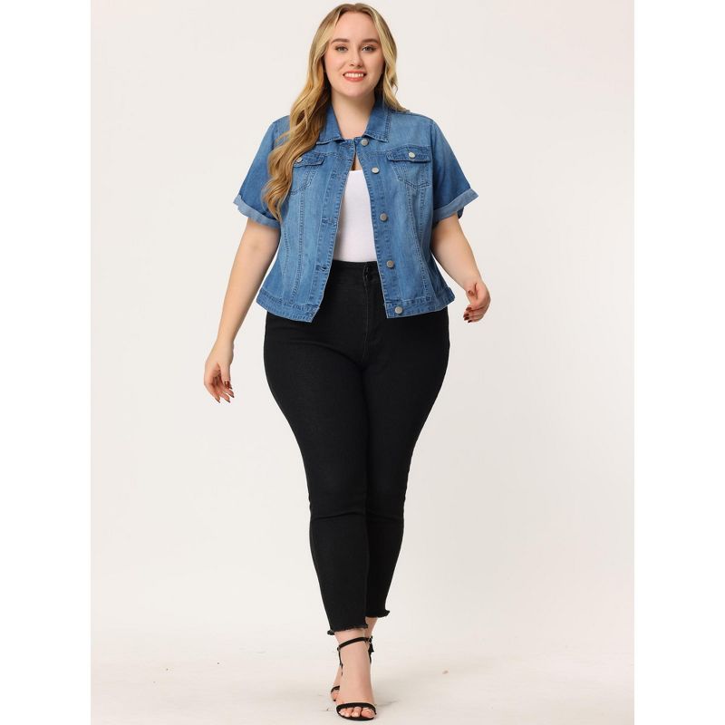 Agnes Orinda Women's Plus Size Denim Button Front Crop Short Sleeve Trucker Jean Jackets, 4 of 7