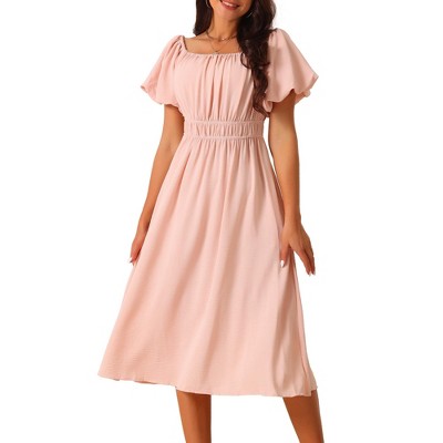 Seta T Women's Square Neck Puff Short Sleeve Elastic Waist Midi Dress with Pockets