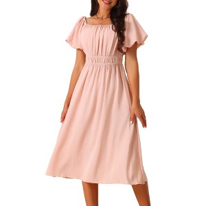 Seta T Women's Square Neck Puff Short Sleeve Elastic Waist Midi Dress with Pockets - 1 of 4