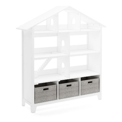 Creamy White Wooden Kids Dollhouse Bookcase with Storage Bins