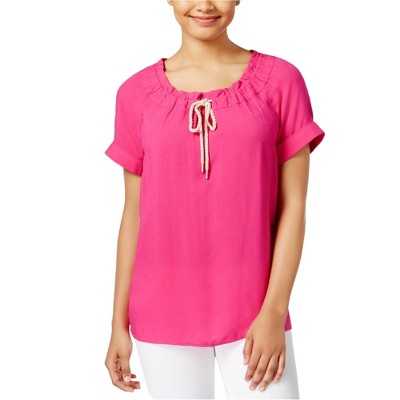 G.H. Bass & Co. Womens Drawstring-Neck Pullover Blouse