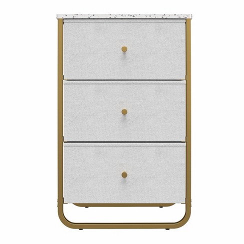 RealRooms Korbin 3 Drawer Fabric Bin Organizer with Metal Frame, White Faux  Marble