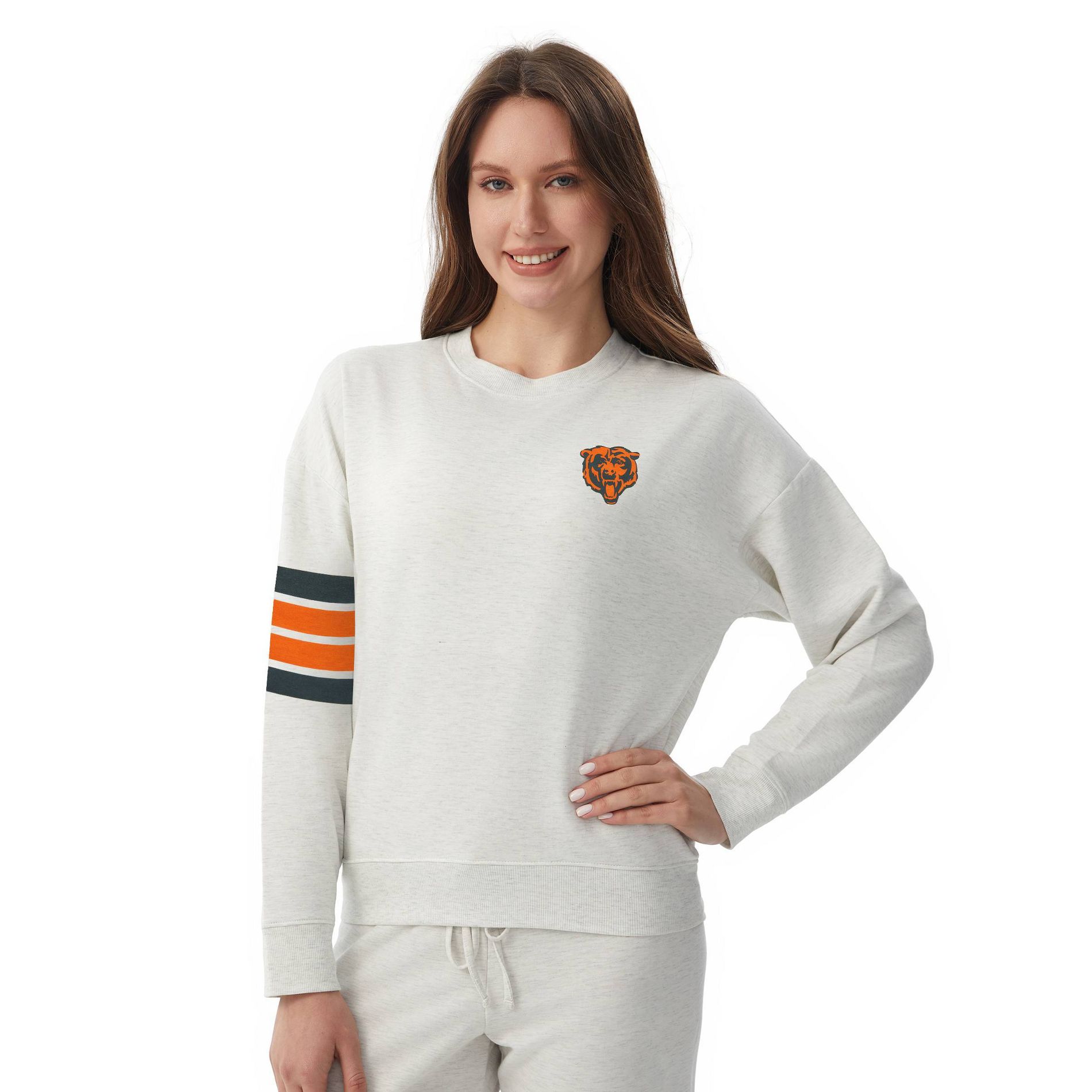 NFL Chicago Bears Women's Gray Sleeve Striped Crew Sweatshirt