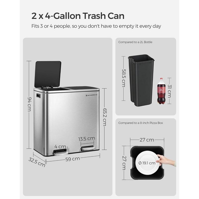 SONGMICS Trash Can, 2 x 8-Gallon Garbage Can for Kitchen, with 15 Trash Bags, 2 Compartments, Airtight, Silver and Black, 3 of 7
