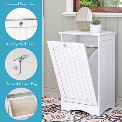 White Polished Beadboard Tilt-Out Laundry Hamper Cabinet
