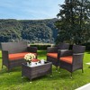 Tangkula 4PCS Patio Rattan Conversation Furniture Set Outdoor w/ Orange Cushion - 2 of 4