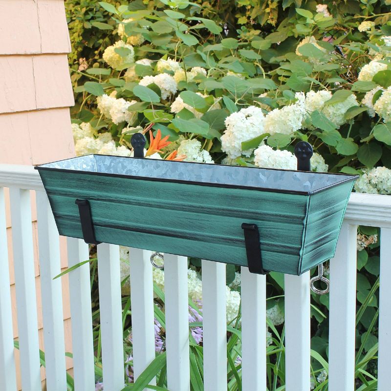 22&#34; Wide Rectangular Flower Box Green Patina Galvanized Steel with Black Wrought Iron Clamp-On Brackets - ACHLA Designs, 3 of 8