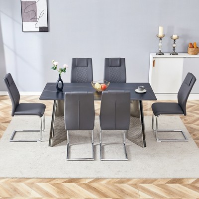 7-Piece Dining Set with Marble-Patterned Table and 6 PU Armless Chairs