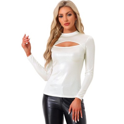INSPIRE CHIC Women's Mock Neck Long Sleeve Cutout Glitter Party Top