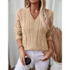 Womens Vintage Pullover V Neck Long Sleeve Cable Knit Sweaters Fall Winter Casual Oversized Chunky Jumper Tops Khaki Medium - 3 of 4