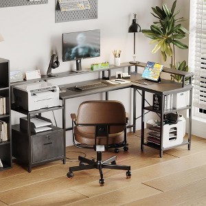 76" Reversible l Shaped Computer Desk, Corner Gaming Desk with File Drawer & Storage Shelves, Wood Computer Desk for Writing Gaming Studying - 1 of 4