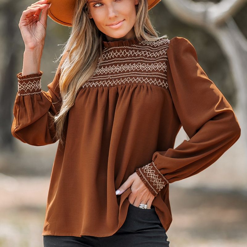 Women's Terra Cotta Embroidered Ruffled Mock Neck Peasant Sleeve Top - Cupshe, 2 of 8