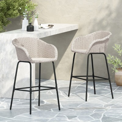 Set of 4 Outdoor Light Gray PE Rattan Barstools,Bar Stools with Armrests and Footrest,UV Resistant Patio Bar Chairs for Garden or Balcony-Coolbibila