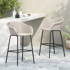 Set of 4 Outdoor Metal Armrests Barstools,Bar Chairs with Footrest and Iron Frame,PE Rattan Barstools for Patio or Garden-Cuddlewood - 1 of 4