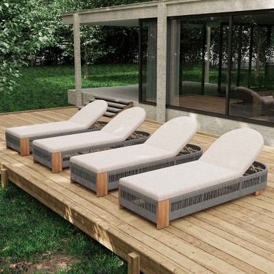 Set of 4 Outdoor Acacia Wood Chaise Lounge with Adjustable Backrest, Rope Accent Pool Lounge Chair, Waterproof Cushion Garden Lounger-Coolbibila