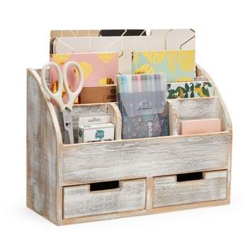 Farmlyn Creek Rustic Wood Desk Organizer with Drawers for Home and Office Supplies Storage, Vintage-Style, 14.5 x 10 x 6 In