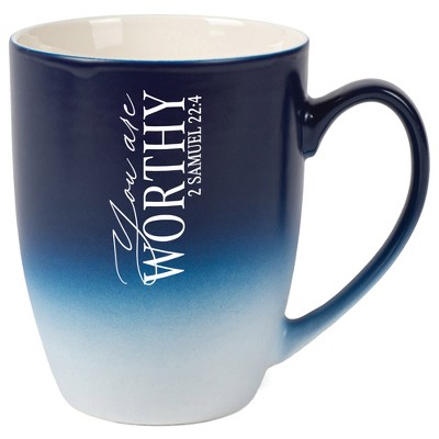 Elanze Designs You Are Worthy 2 Samuel 22:4 Two Toned Ombre Matte Navy Blue and White 12 ounce Ceramic Stoneware Coffee Cup Mug