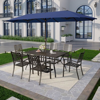 Captiva Designs 8pc Patio Slat-top Rectangle Steel Table & Metal Stackable Chairs & 13ft Large Umbrella