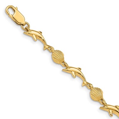 Black Bow Jewelry 14k Yellow Gold Dolphin and Shell Bracelet - 7 Inch