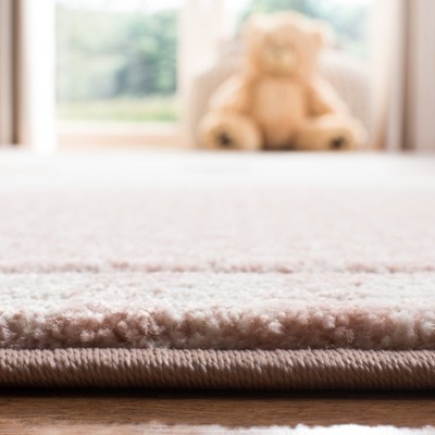 Gray and Pink Synthetic Runner Rug with Cat Design for Kids