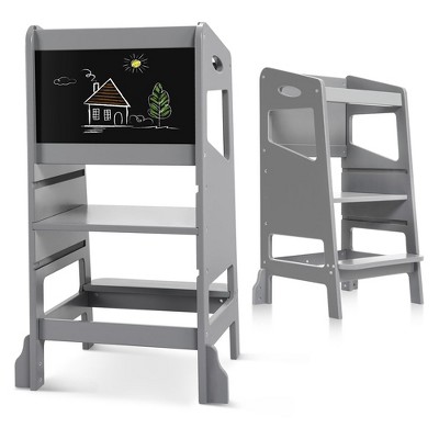Whizmax Toddler Kitchen Stool Tower, 3-Level Adjustable with Chalkboard & Safety Rail, Kids Learning Step Stool for Kitchen Counter and Bathroom Sink